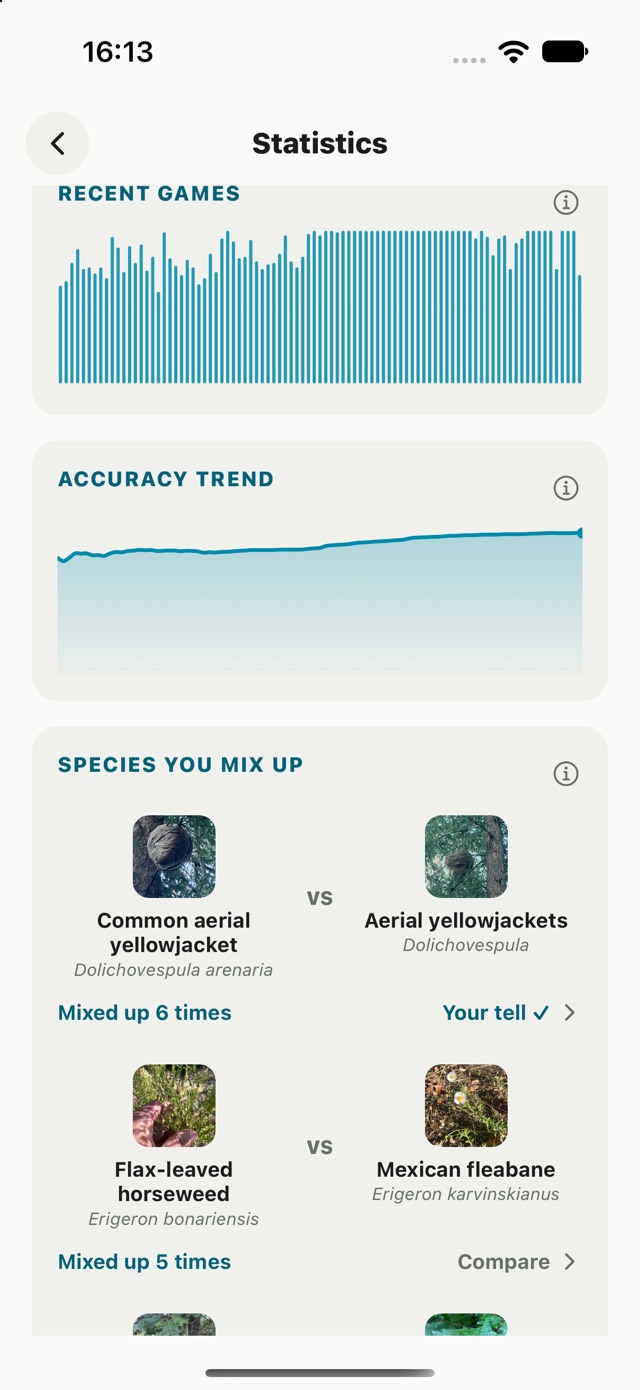 gote statistics — recent games and an accuracy trend line above a “Species you mix up” list of look-alike pairs