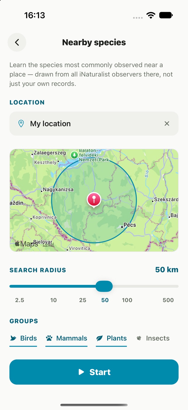 gote nearby-species setup — a map with a location pin and a search radius