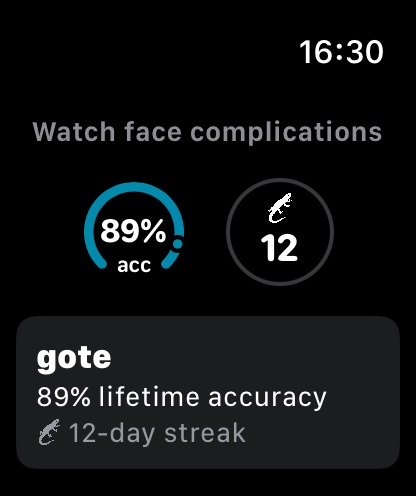 gote Apple Watch complications — accuracy ring and streak on the watch face